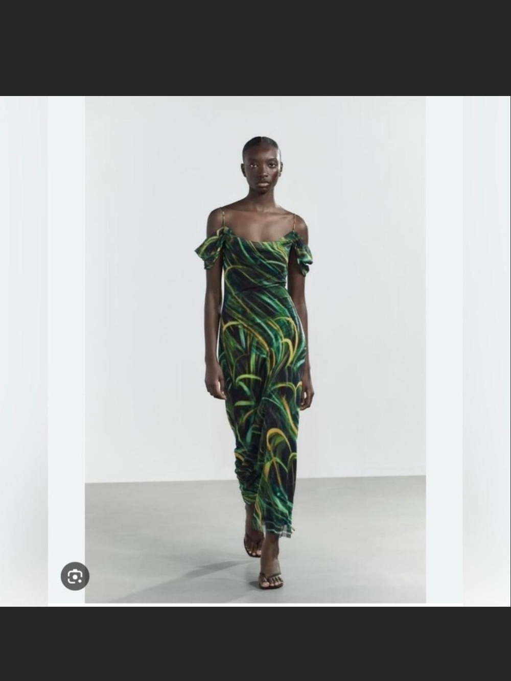 Zara Green Palm-Print Off-Shoulder Maxi Dress